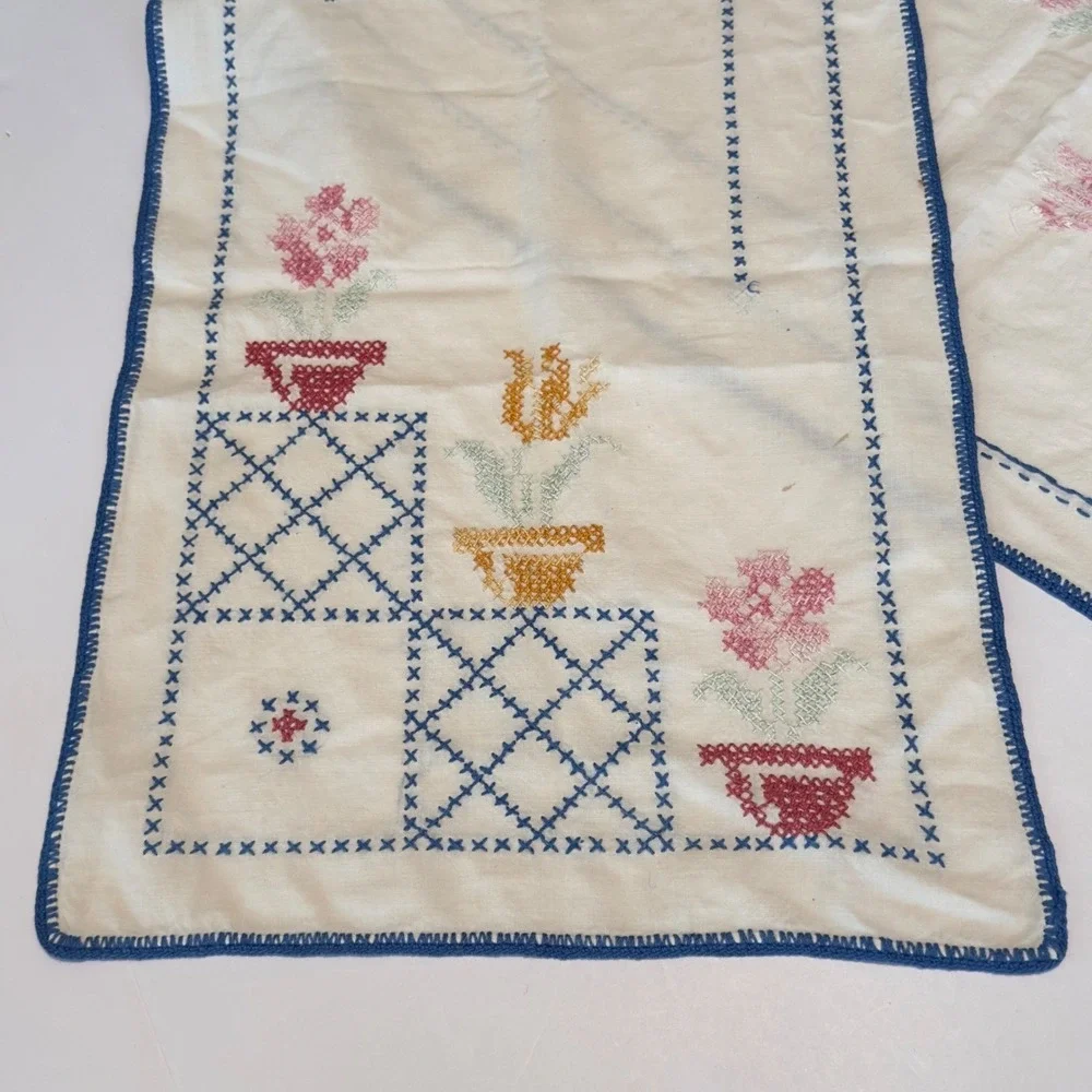 Vtg‎ Hand Embroidered Floral Cross Stitch Table Runner Blue Crochet Edge 40x13